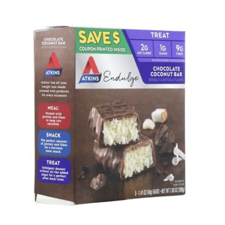 ATKINS, Barres Desserts, Chocolatée a la Noix de Coco , Riches et Crémeux, 1g de Sucre