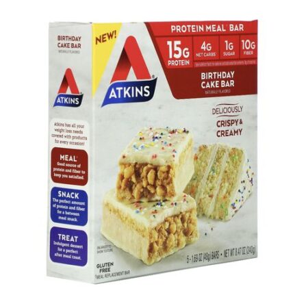 ATKINS, Barre Protéinée, Gâteau d'Anniversaire, Croustillant & Délicieux, 15g de Protéine,1g de Sucre, 5 Barres