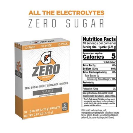 GATORADE, Électrolytes En Poudre, Énergie, Endurance, Zéro Sucre, Orange