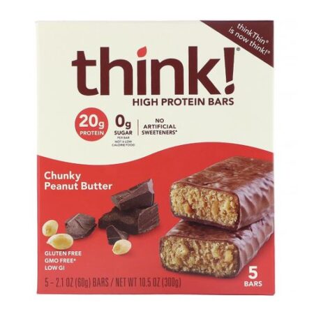 THINK ! Barres Protéinée, Beurre de Cacahouète Épais, 20g de Protéines, 5 X Barres
