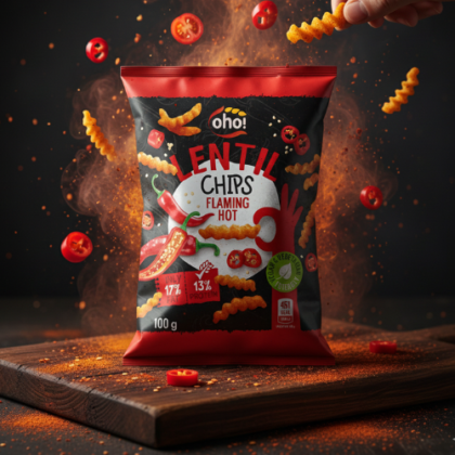 Oho Lentil Chips, Flaming Hot – 13 g protein;