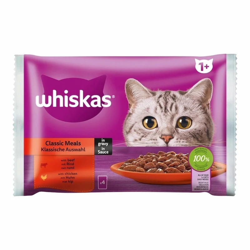 Whiskas Repas Classiques en Sauce pour Chats Adultes – Saveurs Poulet & Bœuf – 4 Sachets de 85 g
