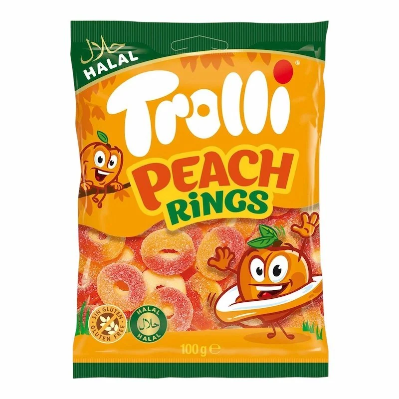 Trolli Peach Rings Halal 100 g – Bonbons Gélifiés Saveur Pêche,