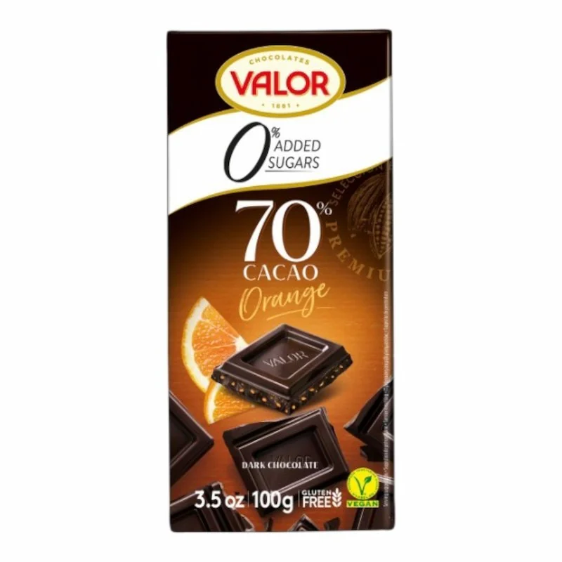 Valor Chocolat Noir 70% à l’Orange Sans Sucre Ajouté 100 g