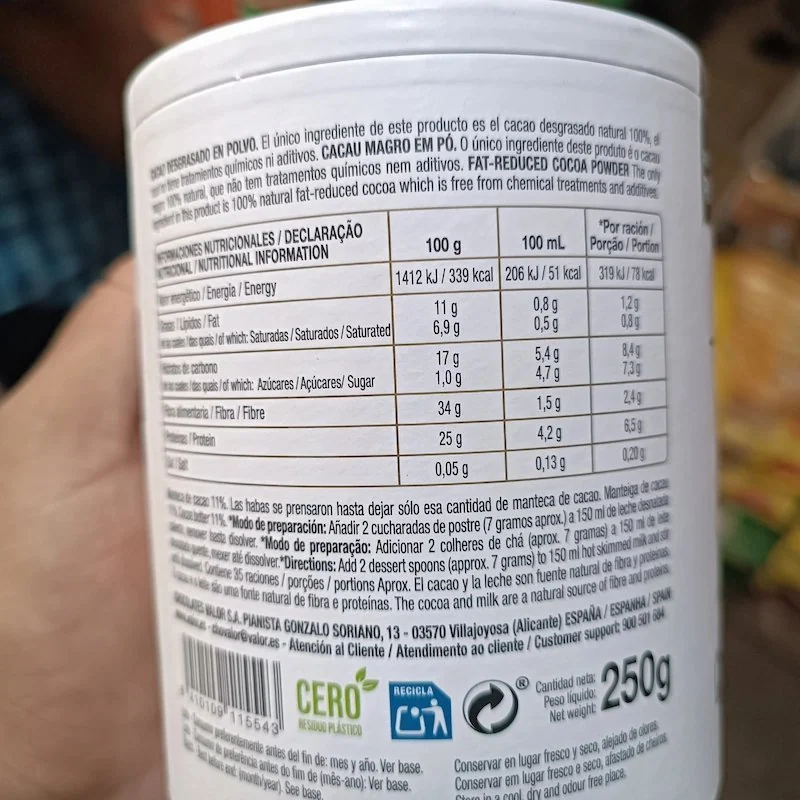 Valor – Cacao Puro Natural 100% Soluble Sans Gluten Sans Sucre 250g — vue 4