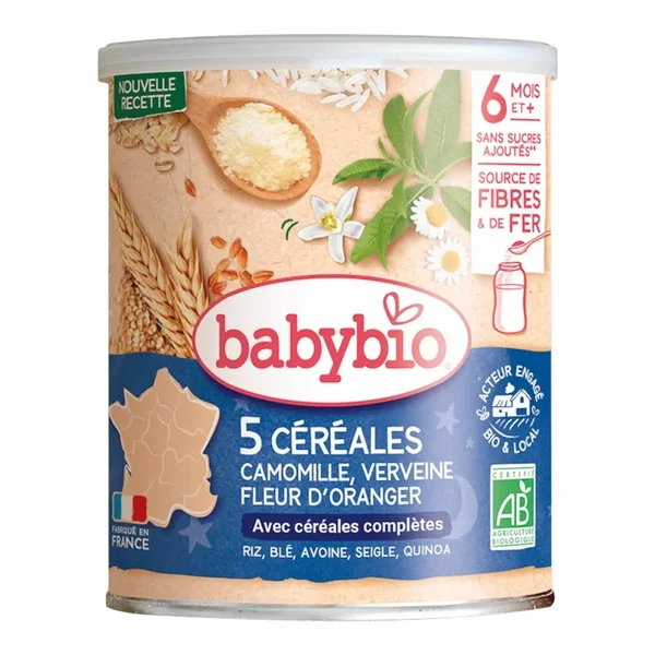Babybio 5 Cereales Verveine Fleur dOranger Camomille – 220 g | Céréales Bio dès 6 mois