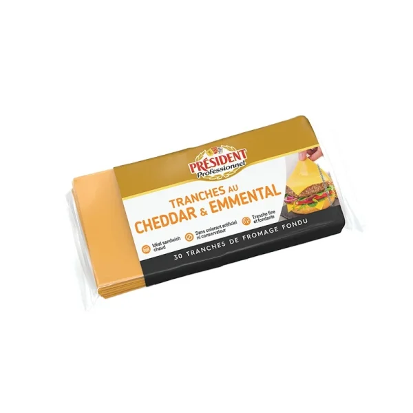 President Professionnel Tranches de Fromage Fondu Cheddar & Emmental – 30 Tranches – Fromage Professionnel