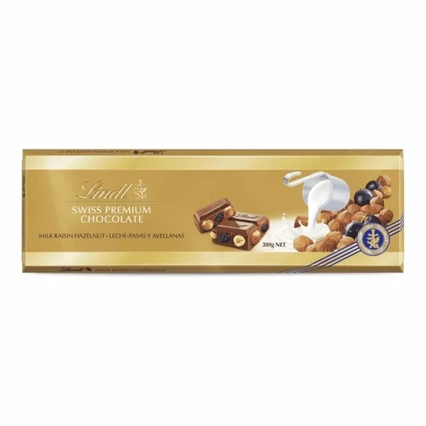 Lindt – Chocolat Lindt Swiss Premium au Lait, Noisettes et Raisins 300g