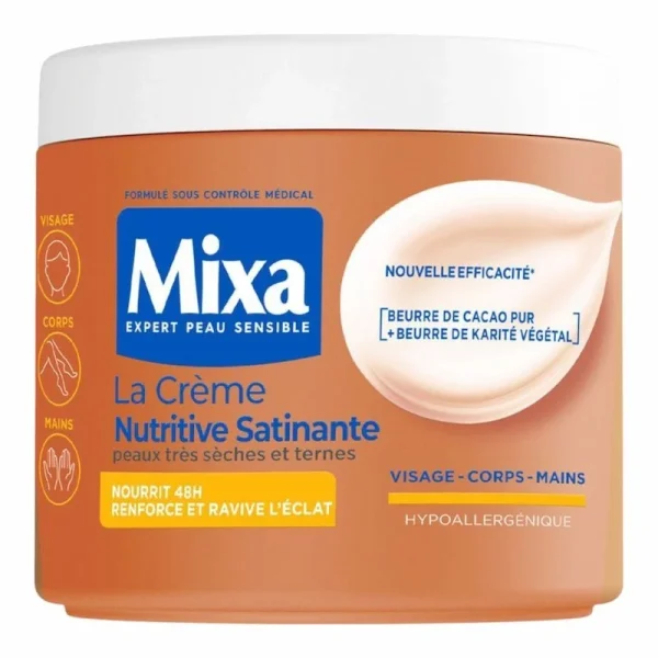 Mixa La Creme Nutritive Satinante 400ml – Peaux Tres Seches et Ternes – Beurre de Cacao & Beurre de Karité – Visage, Corps & Mains – Hydratation 48H