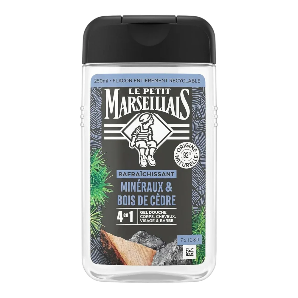 Le Petit Marseillais Gel Douche 4-en-1 Mineraux & Bois de Cedre 250ml – Corps, Visage & Cheveux – Nettoyage & Fraîcheur